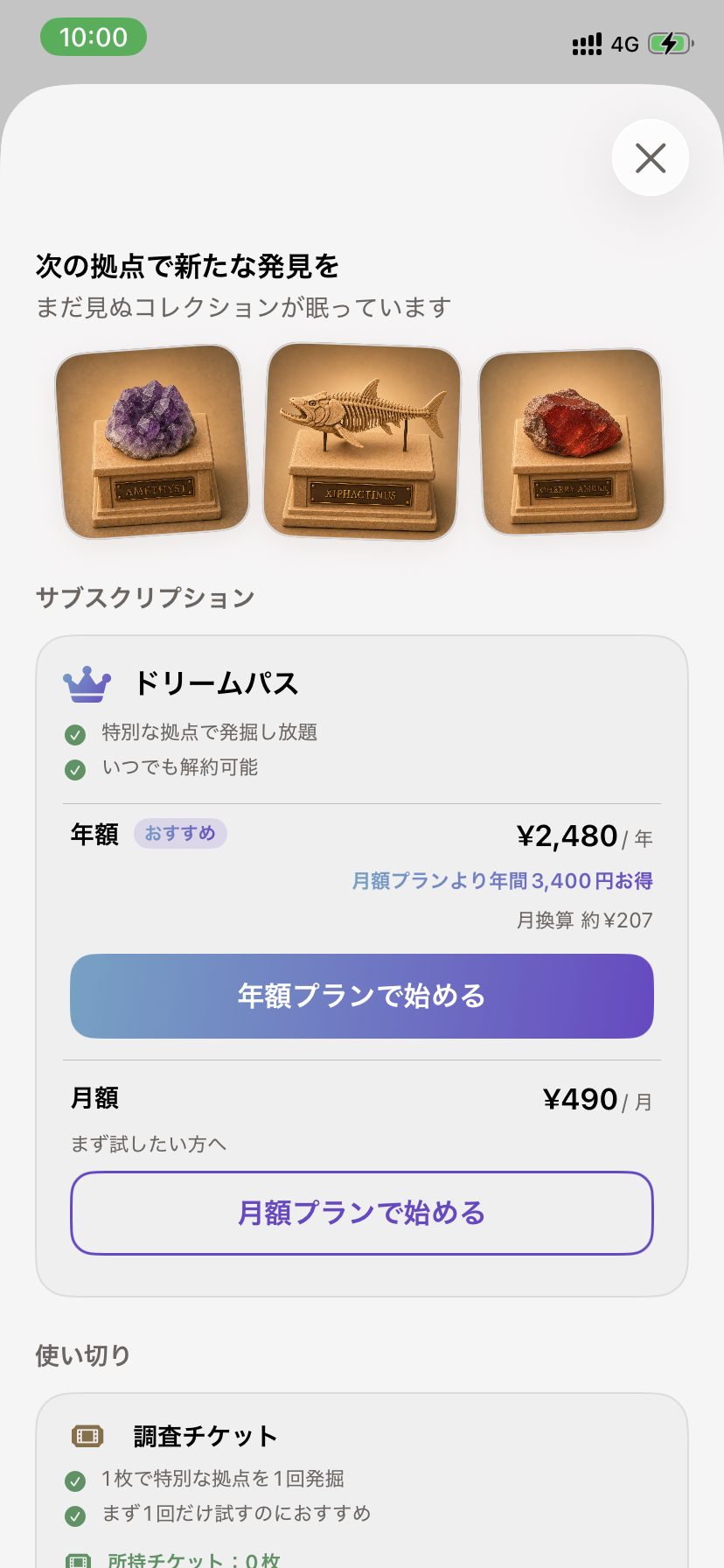 ドリームパスと調査チケットの購入画面